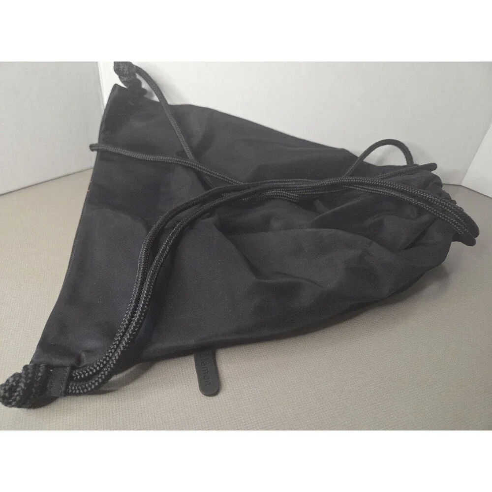 Lululemon Membership Black Nylon Drawstring Bag Zip Pocket String Backpack NWOT